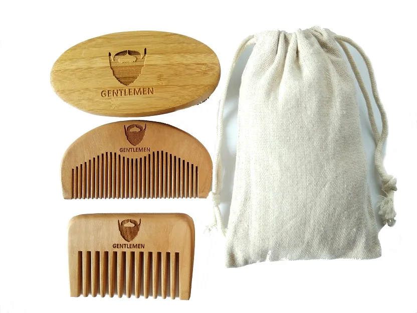 1SET Bamboo Wood Boar Bristle Beard Brush Wide/Fine Tooth Comb For Gentlemen Linen Bag Can |