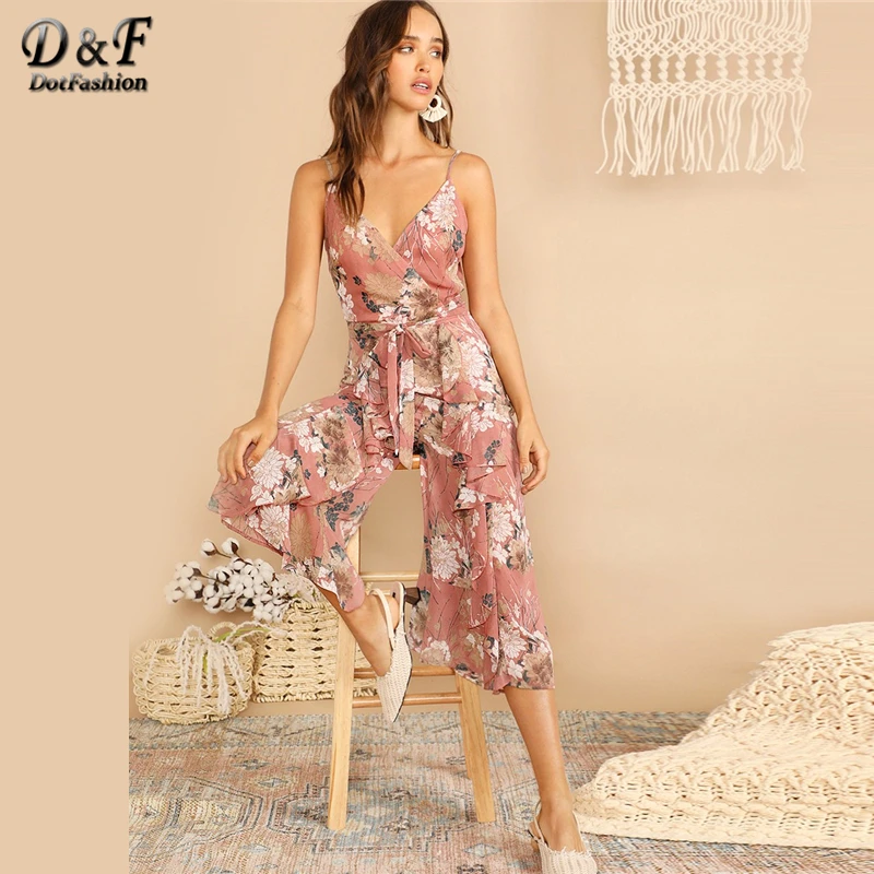 

Dotfashion Pink Deep V Neck Floral Ruffle Cami Jumpsuits For Women 2019 Summer Boho Culottes High Waist Wide Leg Beach Overalls