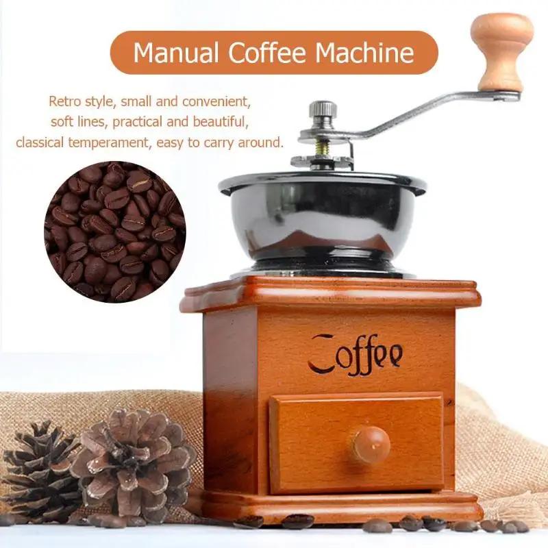 New Classical Retro Wooden Manual Coffee Machine Hand Cranked Ceramic
