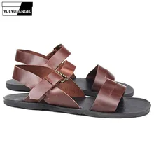 Лидирующий бренд; мужские летние кожаные пляжные сандалии из натуральной коровьей кожи; уличная Мужская обувь в римском стиле; нескользящие Туфли Без каблука; Тапочки
