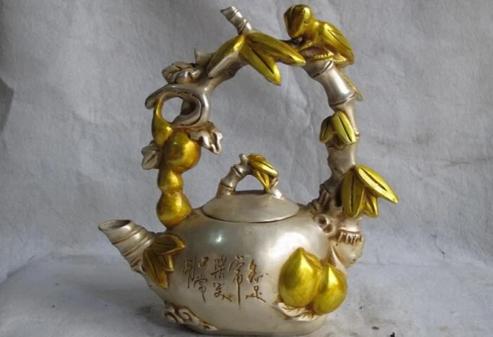 

150624 S1904 8" Chinese Mark Folk White Copper Silver Gilt cicada bamboo teapot Ti Liang pot