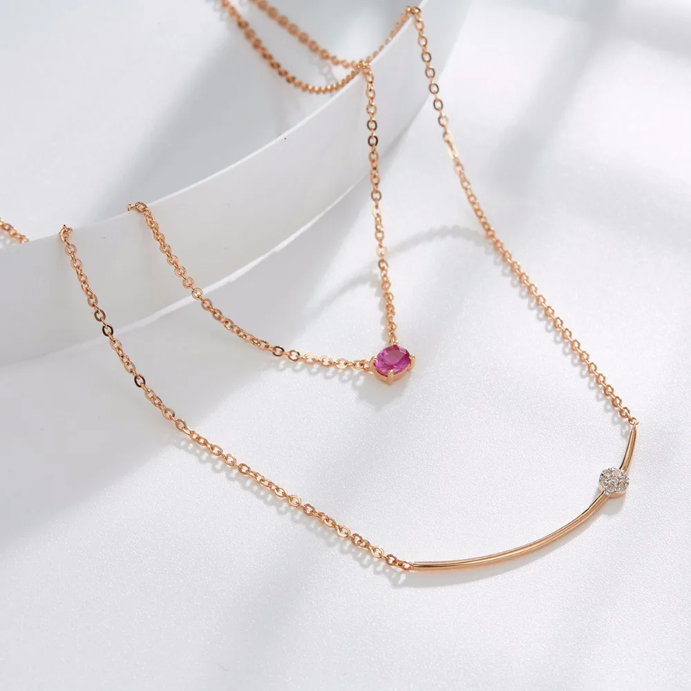 LP Solid 18K розовое золото, Двойная Цепочка, ожерелье, натуральный драгоценный камень, рубин и бриллианты, прекрасный бриллиант-ювелирные изделия для женщин, друзей, на день рождения