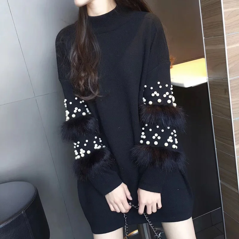 

Spring Autumn Winter Women Knitted Pullovers Sweater Female Long Sleeve Wool Stitching Faux Rabbits Fur Beaded Sweater Dress