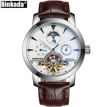 BINKADA мужские классические механические часы со скелетом водонепроницаемые 30 м из натуральной кожи роскошные брендовые полые автоматические часы saat - Цвет: Brown White