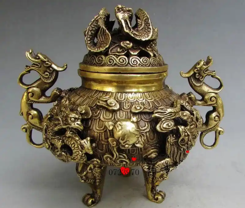 Collectible Chinese Brass Nine Dragons Kowloon incense burner