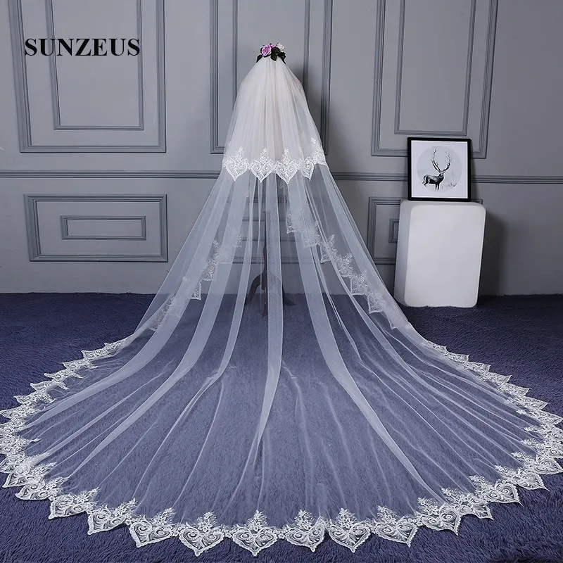 Два слоя фаты длиной для невесты края шнурка собор Veil vestido de noiva 2018 аксессуары SBV35