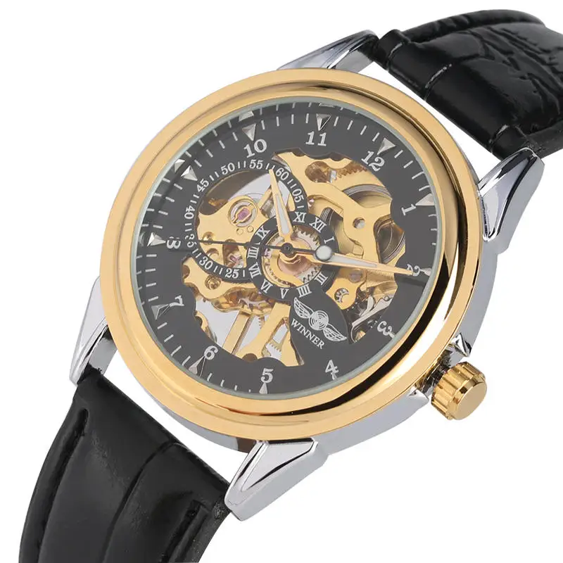 

Mechanical Hand Wind Watch Transparent Golden Gear Skeleton Mechanical Watches Leather Tevise Clock Male Erkek Kol Saati Reloj