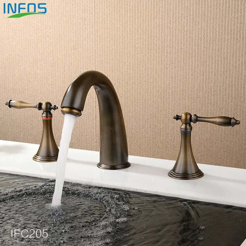 INFOS Vintage Basin Faucet Antique Mixer Brass Bathroom Sink Water Tap Dual Handles Hot and Cold Deck Mounted IFC205