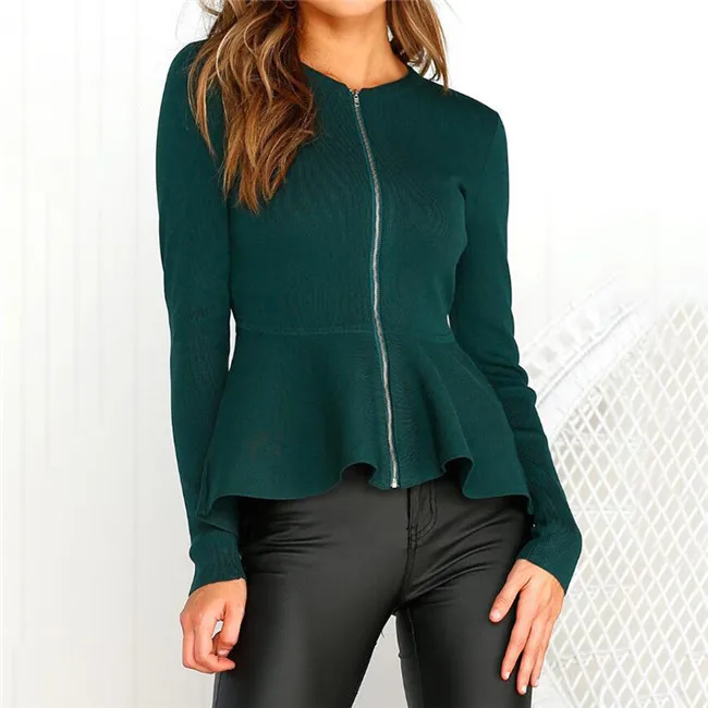 Модная плиссированная баска на молнии, Черная куртка с круглым вырезом и оборками, многослойная элегантная верхняя одежда, женская тонкая куртка - Цвет: Зеленый