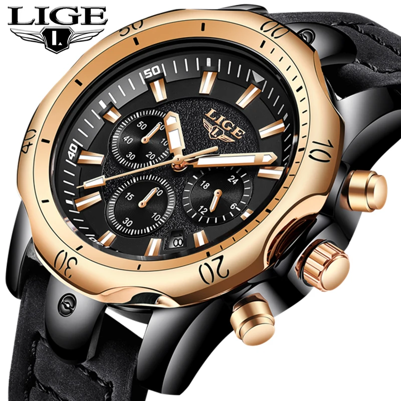 

LIGE Mens Watches Brand Luxury Fashion Casual Quartz Watch Men's Leather Military Waterproof Gold Sports Watch Relogio Masculino