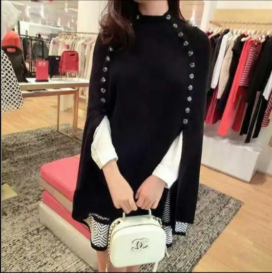 2018 autumn winter fashion white Runway black ponchos and capes loose pullovers long knitted wool sweater women christmas RQ303 | Женская