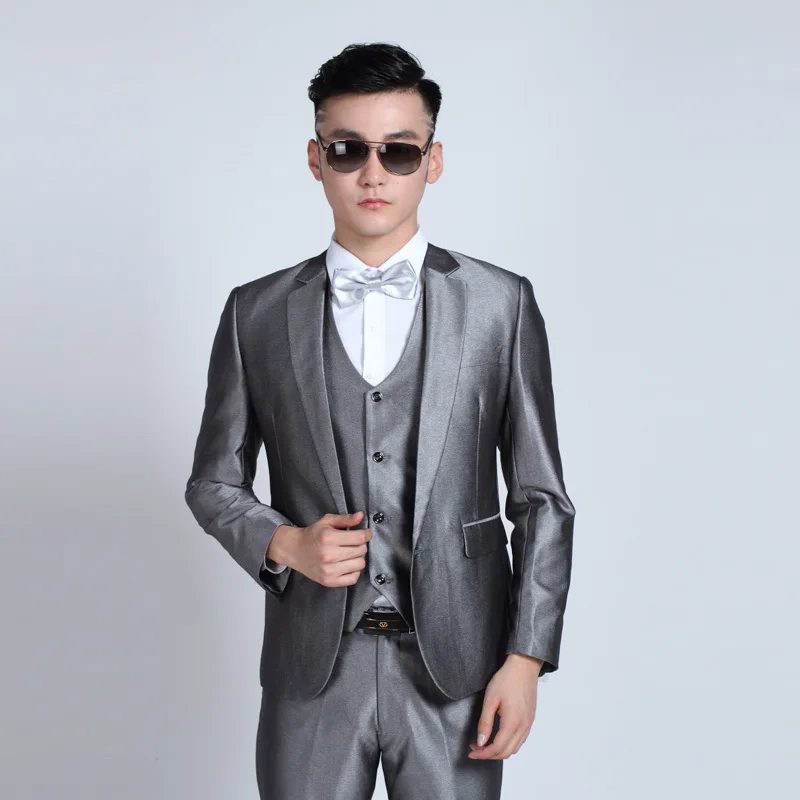 Wedding Costume Homme Marriage Celebrants Shiny Silver Suit For Men