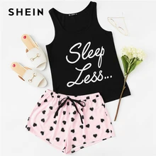 SHEIN, топ с буквенным принтом и шнурком шорты с эластичной резинкой на талии с Пижамный комплект для женщин без рукавов на завязках в консервативном стиле одежда для сна ночное белье на каждый день