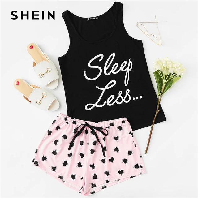 SHEIN Letter Print Top & Drawstring Waist Shorts Pajama Set Women Sleeveless Drawstring Preppy Nightwear 2018 Casual Sleepwear