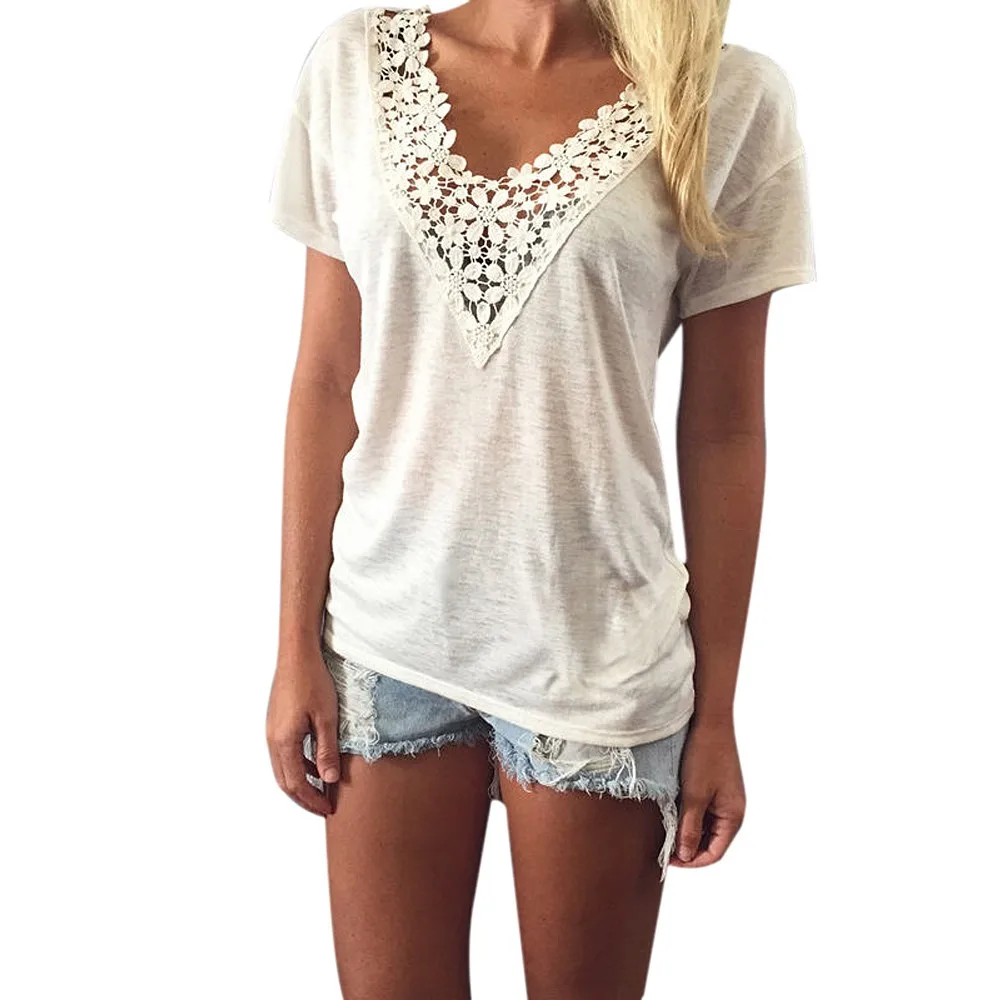 

tshirt women White Black Lace Summer t shirt Top Short Sleeve V Neck Casual Tops T-Shirt Lace Casual Women Clothing 6.2 L3