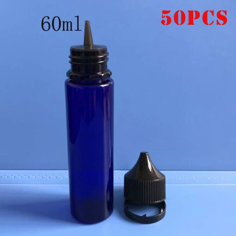 

50pcs 60ml Plastic PET Blue Dropper Bottles Liquid E Juice Eye Squeezable Bottle Pointed Tip pilfer-proof cap Vape Oil Container