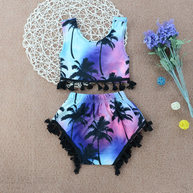 Girls Kids Swimwear 2pcs Baby Children Swimsuit Infant Swimming Wear Beach Coconut Tree Print Bikini