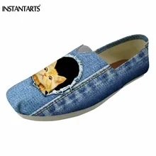 INSTANTARTS/повседневные женские лоферы без застежки; синие джинсовые парусиновые туфли без застежки с принтом кота и собаки; летние туфли на плоской подошве для девочек-подростков