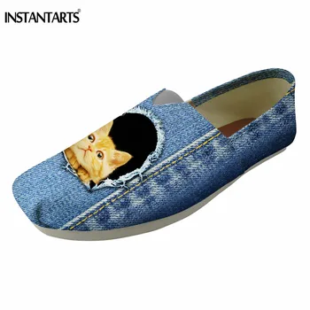 

INSTANTARTS Casual Slip On Loafer Shoes for Women's Blue Denim Cat Dog Printed Canvas Lazy Shoes Girls Teenagers Summer Flats