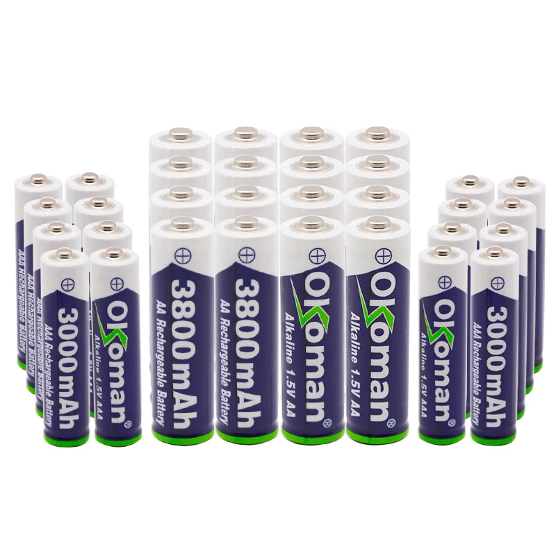 Okoman 1 5 V AAA 3000mAh Щелочная аккумуляторная батарея + 3800 mAh AA щелочная для светодиодная