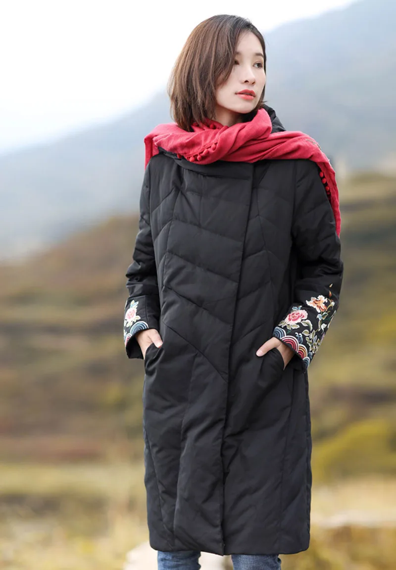 De Broderie Parkas Femmes Femelle D'hiver M Fleurs Canard Lady Royal Veste Blanc Lâche Bas Vintage Vers Le xl Duvet Floral Noir Manteau Zpw0qd