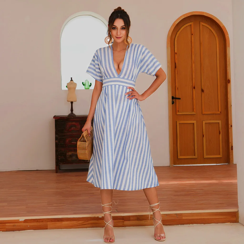

JAYCOSIN Dress Women vestidos Halterneck Spotted Belt Ladies Summer Dress Boho Striped Print Mid-Calf Sundress Dress 19JUN19