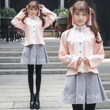 Oriental Hanfu set female chinese style stand collar Blouse + skirt Cantonese embroidery flower ancient style Outfit set Girl