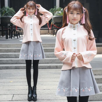

Oriental Hanfu set female chinese style stand collar Blouse + skirt Cantonese embroidery flower ancient style Outfit set Girl