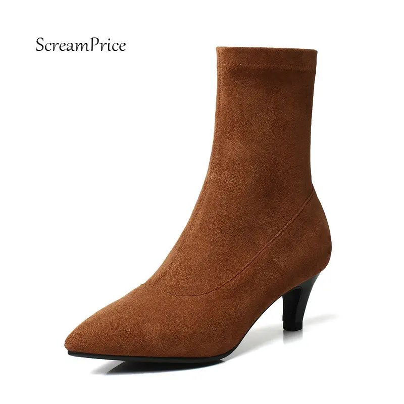 Ladies Suede Comfort Thin Heel Ankle Boots Fashion Slip On Pointed Toe Stretch Women Fall Winter Bootie Black Brown Gray Ladies Suede Comfort Thin Heel Ankle Boots Fashion Slip On Pointed Toe Stretch Women Fall Winter Bootie Black Brown Gray