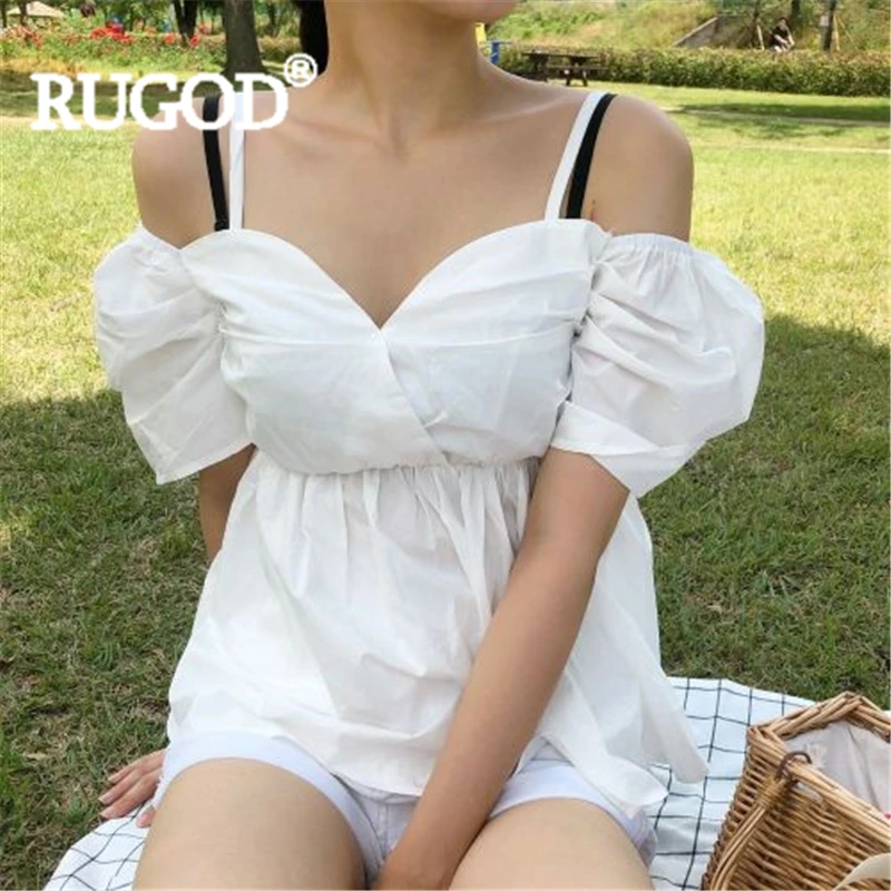 

RUGOD Women solid blouse v neck sling off-shoulder puff sleeve sweet shirt new summer fashion female elegant kawaii korean top