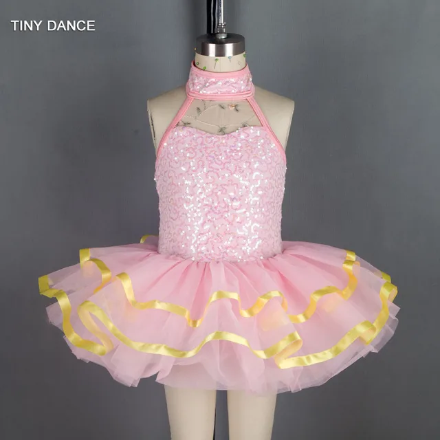 For Sale Pale Pink Kids Dance Performance Costume Halter Neck Sequin Dress for Girls Ballet