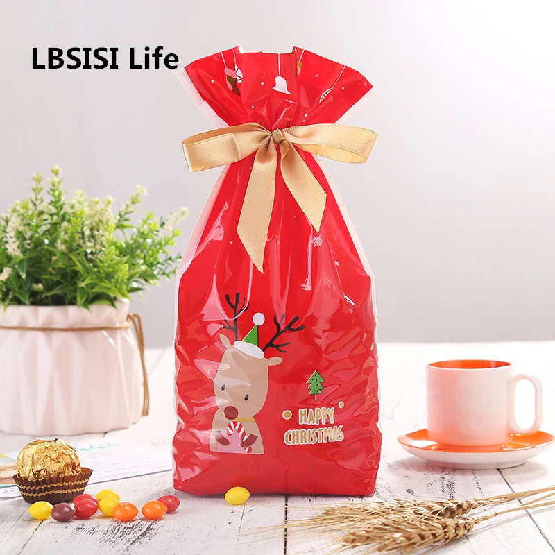 Us 1 57 21 Off Lbsisi Life 5pcs Christmas Gift Bags Elk Cookie Candy Chocolate Ribbon Rope Ng Bag Font Drawstring Plastic Self Stand In
