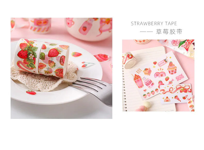 Cute Strawberry Party Series Bullet Journal gold Washi Tape Decorative Adhesive Tape DIY Scrapbooking Sticker Label Stationery