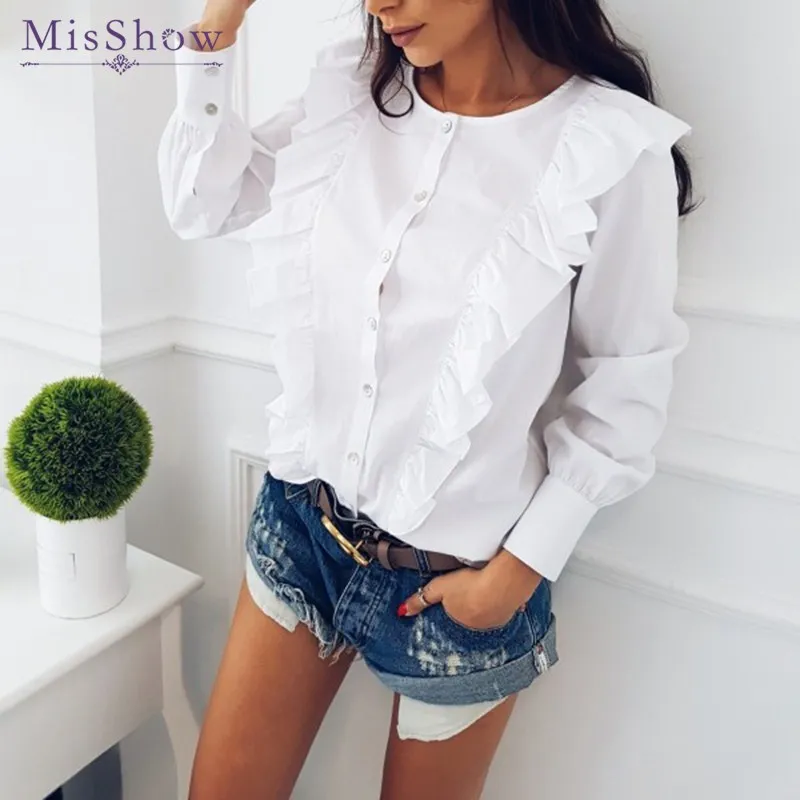 

MisShow O-Neck Long Sleeve Button Women Blouses Spring Fashion Ruffles Women Blusas Casual Blue Striped Office Lady Wear