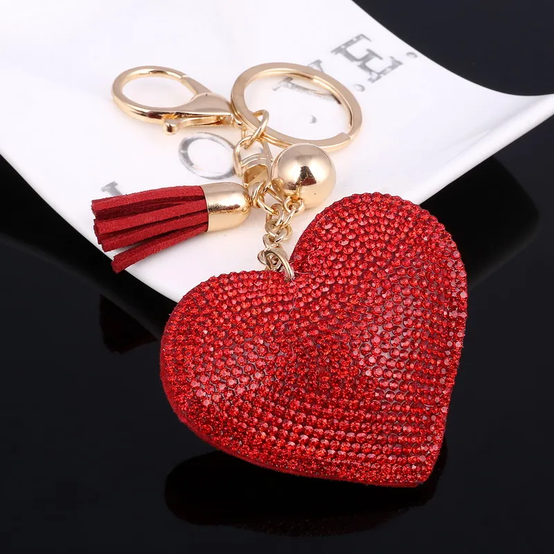 

Crystal Red Heart Key Chain Gold Chain With Tassel Car Purses Bag Pendant Charm Keychain Ring Girl Bag Key Holder Lover's Gifts