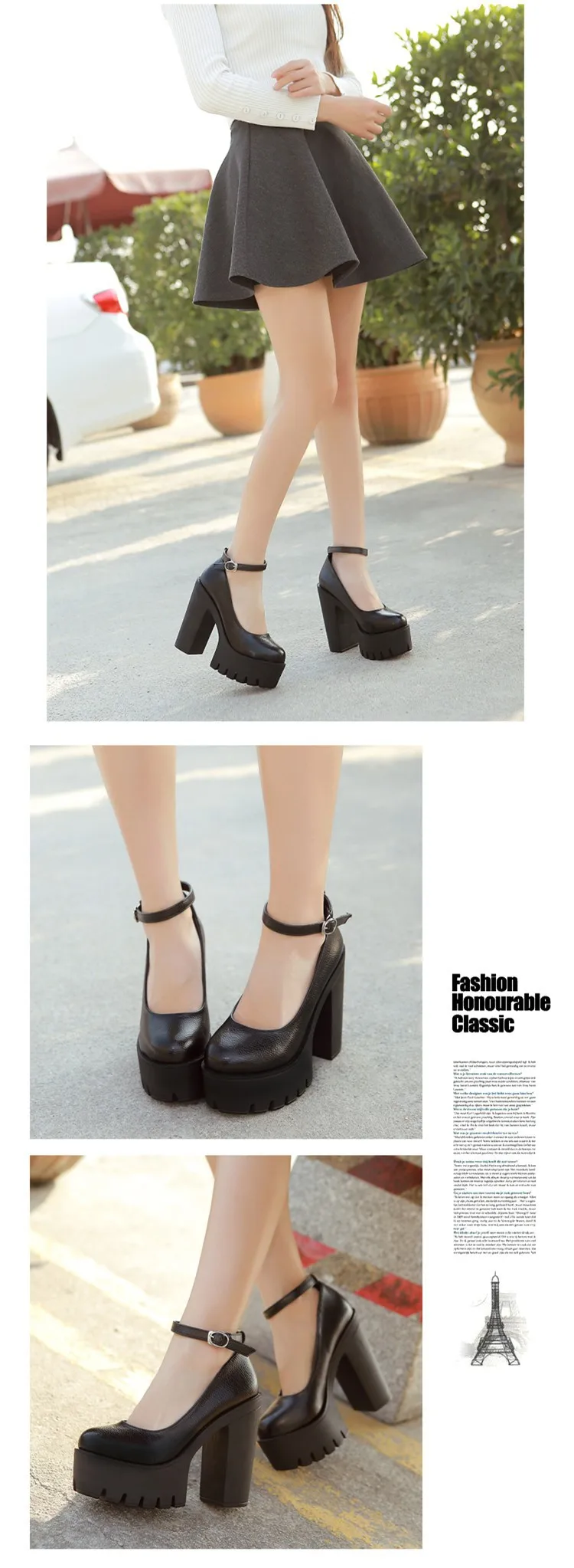 Women's Classy Round Toe Ankle Strap Thick Square Heels Black Model