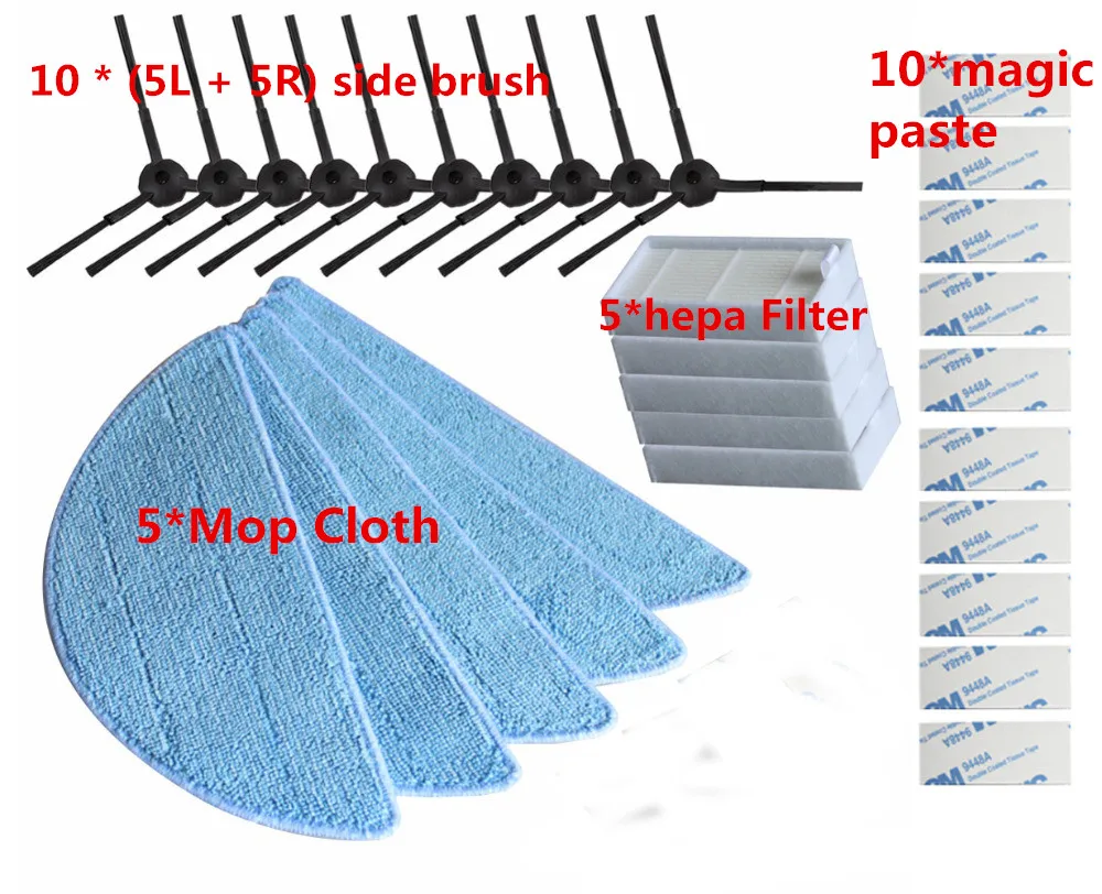 

10*side Brush+5*hepa Filter+5*Mop Cloth+10*magic paste for ilife v5s ilife v5 pro ilife x5 V3+ V5 V3 v5pro vacuum cleaner parts