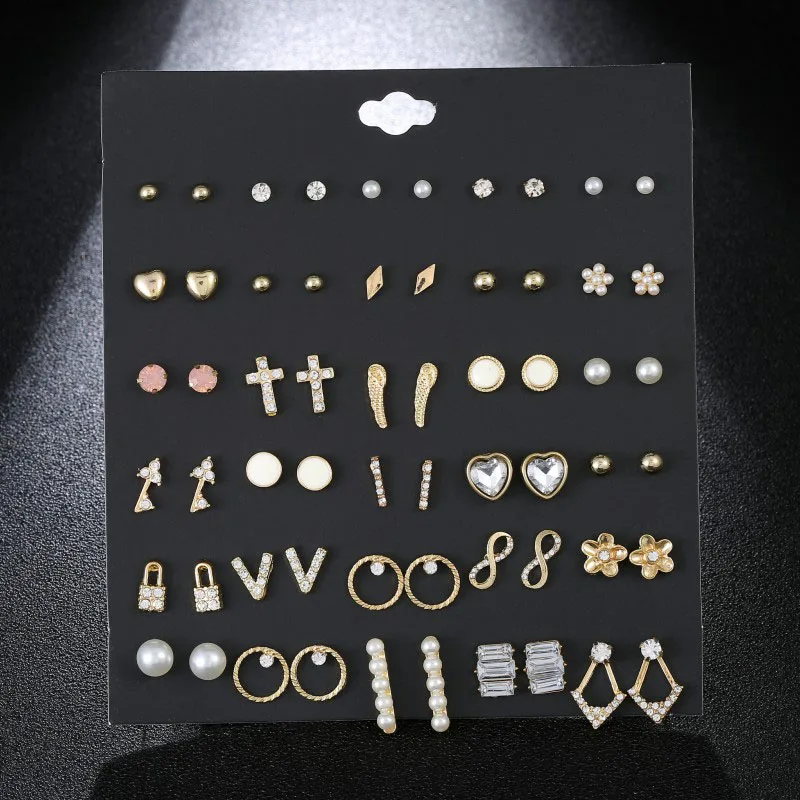 

30Pairs/lot New Arrival Korean Pearl Stud Earrings Set For Women Statement Heart Flower Cross Wing Infinity Rhinestone Jewelry