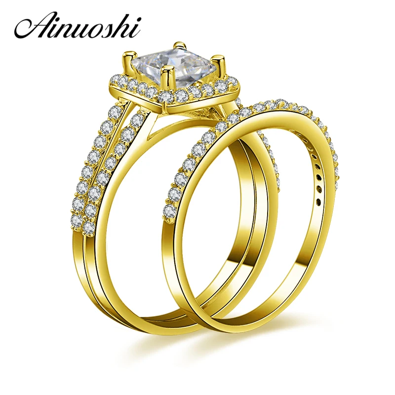 AINUOSHI 10k Solid Yellow Gold Square Ring Set 1 Carat Princess Cut Simulated Diamond Jewelry Woman Wedding Engagement Ring Set AINUOSHI 10k Solid Yellow Gold Square Ring Set 1 Carat Princess Cut Simulated Diamond Jewelry Woman Wedding Engagement Ring Set