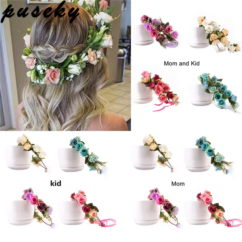 

Puseky 2018 New Flower Headband Summer Style Newborn Headband Flower Crown Mother Kids Matching Garland Hair Band Accessories