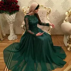 Vestidos De festa 2018 Дубай темно-зеленые мусульманские Вечерние платья с длинным рукавом кружевные аппликации Выпускные платья а-силуэта вечерние