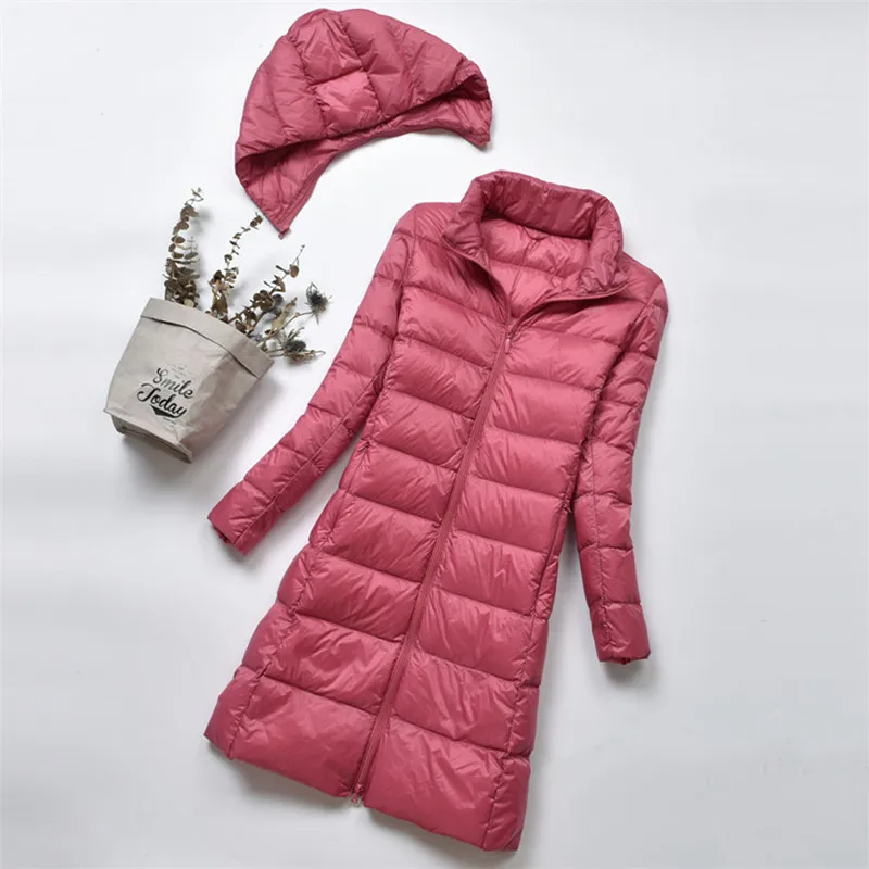 

2018 Women Duck Downs Jacket Parkas Autumn Winter Midi Long Down Coat Ladies Ultra Light Outerwear Hooded Coats Plus Size AB1126