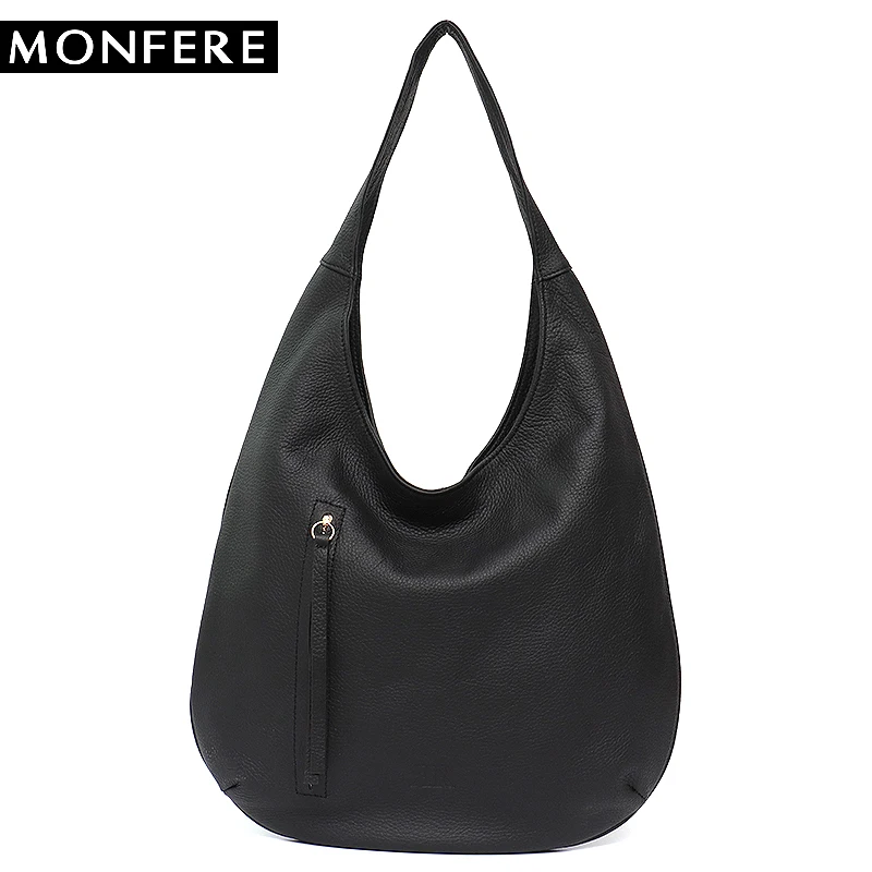 

MONFERE Brand Top Quality Hobo Extra Soft Real Cow Leather Big Capacity Women Shoulder Bags Genuine Cowhide Large Zipper Totes