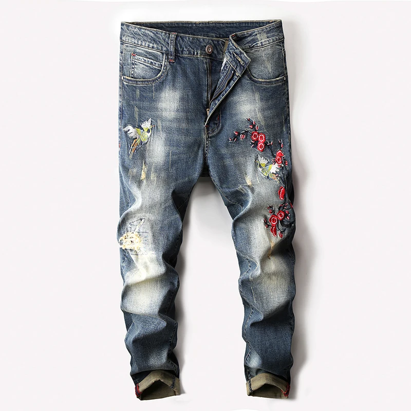 

High Quality Men's Cotton Elastic Skinny Jeans Men Spring Slim Embroidery Denim Jeans New Fashion Male Holes Long Jeans