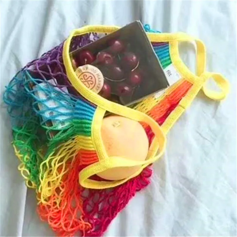 

New Rainbow Color Large Mesh Net Turtle Bag String Shopping Durable Fruit Storage Handbag Tote Woven Mesh Fruit Net Handbag