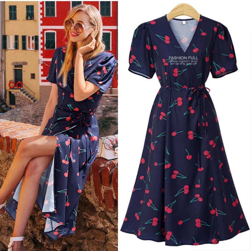 

Summer New Product Plus Size Dress Cotton Cherry Dresses Bodycon Casual Vestidos Blue Long Dress Elegant Party Dresses Women 4XL