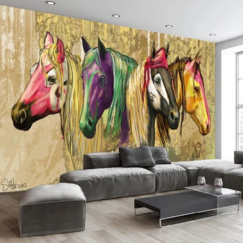 

High Quality Custom Wall Mural Wallpaper Home Decor Retro 3D Hand Painted Abstract Horse Oil Painting Wall Paper For Living Room