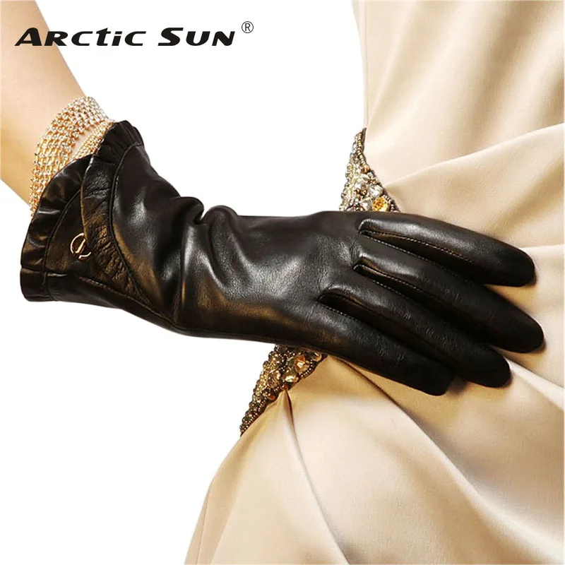 Fashion Women Sheepskin Gloves Autumn Winter Plus Warm Velvet Wrist Lace Genuine Leather Elegant Lady Driving Glove EL007NC