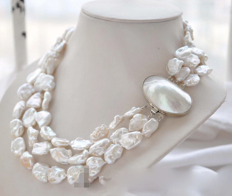 

Free shipping >>>>>3strands 19mm BAROQUE white KESHI REBORN PEARL NECKLACE mabe clasp