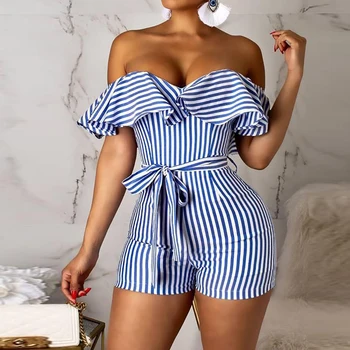 

Women Striped Off Shoulder Ruffles Design Romper Female Sexy Bowknot Playsuit One Piece Oufits Party Club Playsuit body femme